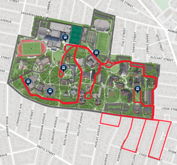 Map of Providence College campus and local streets in the surrounding neighborhood area showing the route of the Friar Nite Shuttles. 