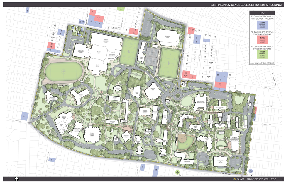 A map of the Providence College campus and neighboring areas.